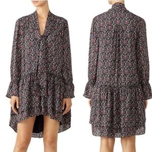 Joie Jamira 100% Silk Floral Print Boho  Tiered Dress Sz XS Long Sleeve Tie Neck